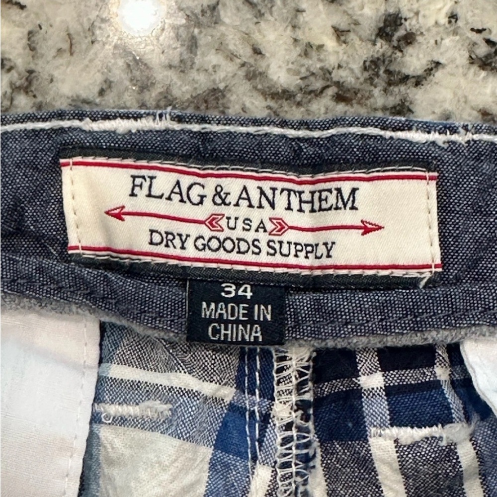 Flag & Anthem Shorts Flat Front Chino Style Navy/White/Black Plaid Size 34 - Picture 6 of 7